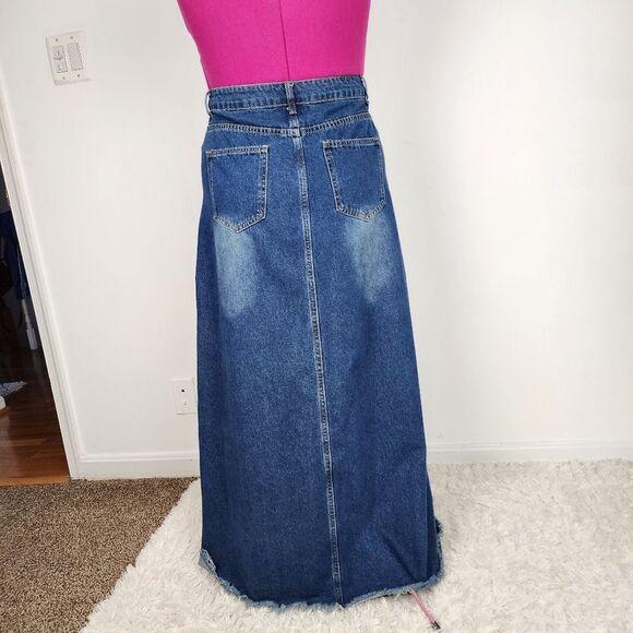 Denim Skirt Maxi Skirt Frayed Hem Jean Skirt Long To The Floor A-line M - Picture 6 of 11